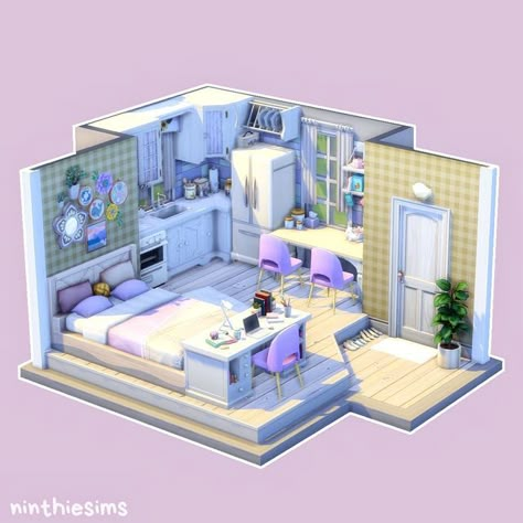 Purple Apartment, Sims 4 Loft, Sims 4 Builds, Sims 4 Houses Layout, Small House Blueprints, Sims 4 Stories, Sims 4 Bedroom, Cute Apartment, Sims 4 House Plans