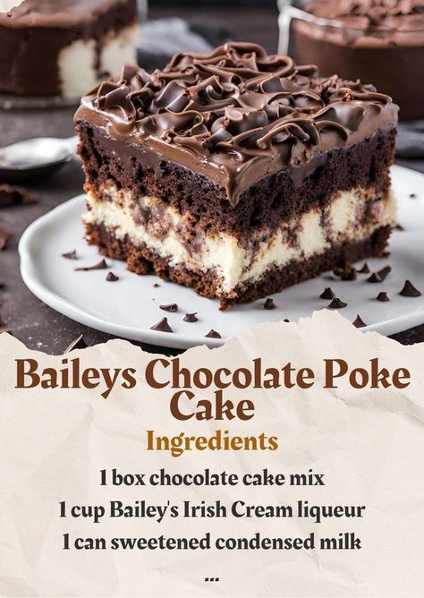 Tina's tasty recipes | Bailey's Chocolate Poke Cake | Facebook Baileys Chocolate Sheet Cake, Baileys Cake Filling, Baileys Poke Cake, Baileys Chocolate Poke Cake, Baileys Hot Chocolate Cake Recipe, Mongolian Noodles, Beef Mongolian, Mayo Cake, Boozy Cakes