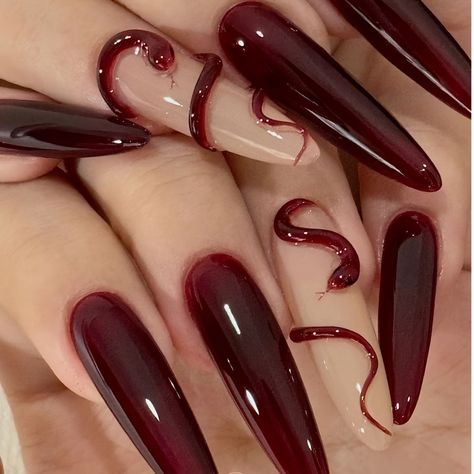 Faster shipping. Better service Long Black Nails, Vampire Nails, Dark Red Nails, Long Press On Nails, Punk Nails, Gel Nail Art Designs, Her Nails, Classy Acrylic Nails, Red Nail Designs