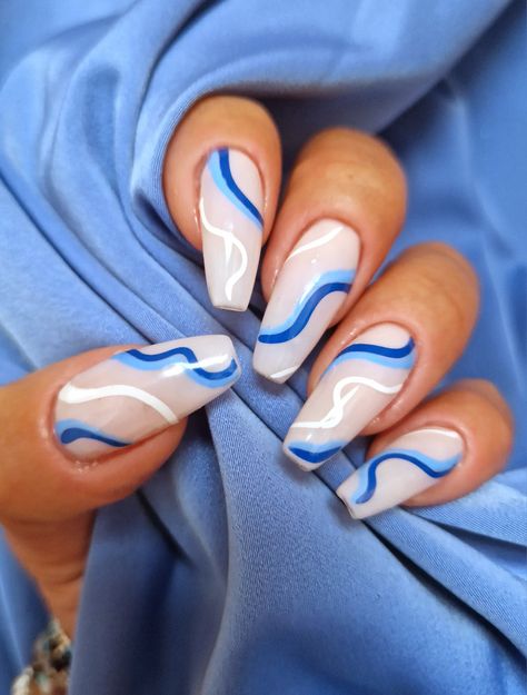 Blue Swirl Nails, Cruise Nails, Swirl Nails, Fancy Nails Designs, Gel Nails Diy, Blue Nail Art, Really Cute Nails, Blue Swirl, Acrylic Nails Coffin Short