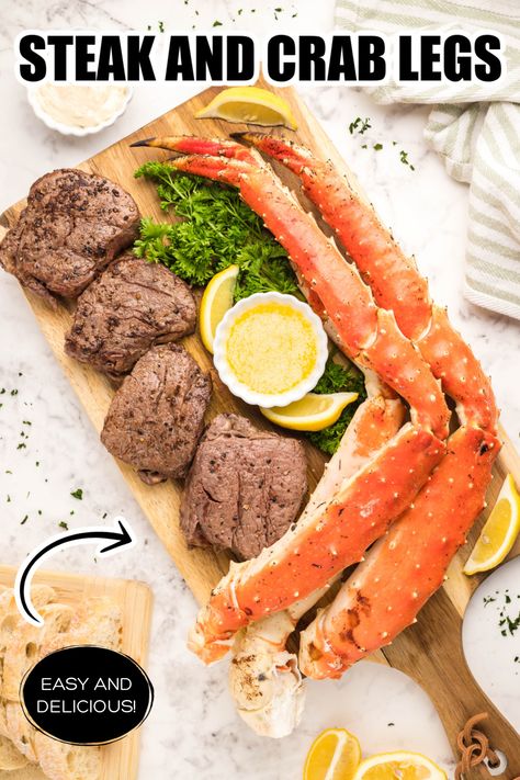 A cutting board covered with king crab legs, filet mignon, lemon and melted butter. Steak And Crab, Crab Legs Recipe, New York Strip Steak, Crab Recipe, Spaghetti Recipes Easy, New York Strip, King Crab Legs, Crab Recipes, King Crab