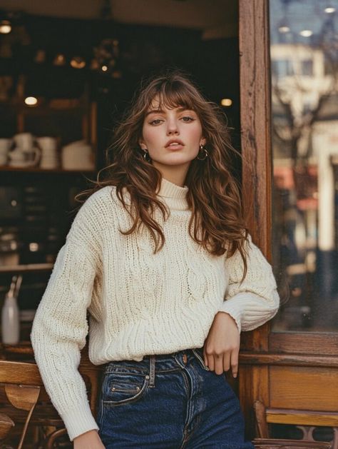 The Perfect Guide: How to Style a High-Neck Sweater with Denim for Women in Their 30s - LaninStar's blog Neutral Jeans, Women In Their 30s, Denim For Women, High Neck Sweater, Pull Off, Winter Looks, Black Skinnies, How To Style, Street Style Women