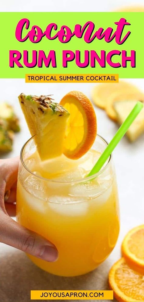 Rum Pineapple Drinks, Orange Alcoholic Drinks, Tropical Alcoholic Drinks, Coconut Rum Punch, Mom Drinks, Alcohol Punch, Coconut Rum Punches, Rum And Orange Juice, Rum Cocktails Easy