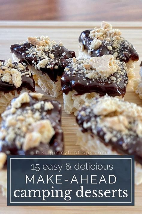 Rice Krispies Treats s'mores, which are excellent make-ahead camping desserts Camping Baking Ideas, No Bake Camping Desserts, Desserts While Camping, Easy Desserts For The Lake, Easy Dessert For Camping, Simple Camping Desserts, Camping Sweets Desserts, Dessert Recipes For Camping, Camping Snacks Make Ahead Adults