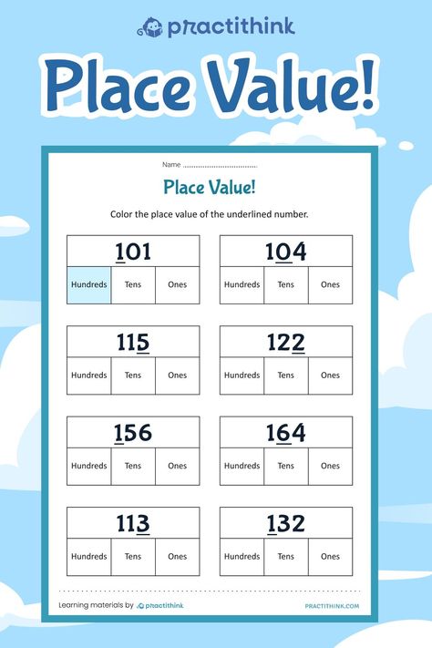 We have prepared one more interesting exercise for you! These printable pages are the perfect learning activity to help children become confident in understanding three-digit numbers. These learning pages are designed to help young learners understand how the placement of a numeral in a number represents different values. Ask children to color the place value of the underlined number. To make the exercise more interesting, use different colors for hundreds, tens and ones. Number Place Value, Place Value Activities, Number Value, Place Value Worksheets, Become Confident, Three Digit Numbers, English Phonics, Kids Worksheets Printables, Tens And Ones