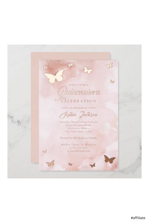 Quinceanera Pink, Debut Invitation, Pink Quince, Quince Invitations, Butterfly Invitations, Quince Decorations, Rose Gold Butterfly, Rose Gold Invitations, Sweet Sixteen Invitations