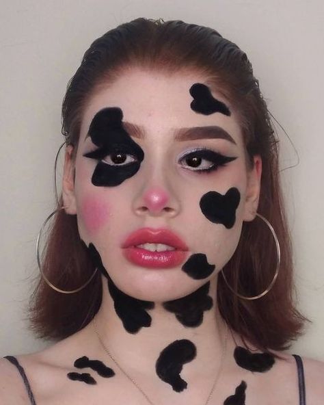 cow makeup • Instagram Cow Print Face Paint, Cow Outfits Halloween, Cow Makeup Looks Easy, Pink Cow Makeup, Cute Cow Makeup Halloween, Cow Costume Makeup, Abducted Costume, Cow Makeup Face, Cow Makeup Halloween