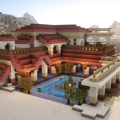 PearlescentMoon on Instagram: “Pompeii/Roman-Inspired: Day 81 of my #Minecraft #abuildaday challenge is a traditional home inspired by the old architecture of Pompeii…” Desert Mansion, Minecraft Desert, Minecraft Mansion, Minecraft Houses Blueprints, Minecraft Structures, Minecraft House Plans, Minecraft House Tutorials, Minecraft Castle, Cool Minecraft Houses