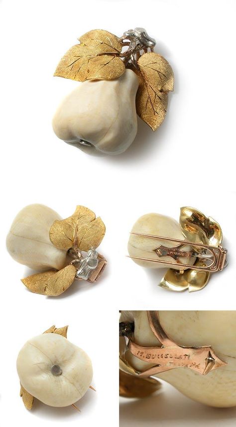 Mario Buccellati Vintage Ivory Pear Dress Clip Brooch Solid 18K Gold Pear Dress, Pear Jewelry, Vegetable Jewelry, Buccellati Jewelry, Ivory Jewelry, Haute Jewelry, Art Deco Watch, Dress Clips, Fruit Jewelry