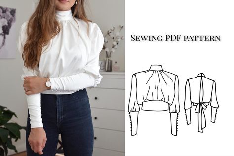 Gothic Sewing Patterns Free, Free Goth Sewing Patterns, Sewing Patterns Turtleneck, Blouse Sewing Pattern Free, Bishop Sleeve Blouse Sewing Patterns, Victorian Blouse Sewing Pattern, Tie Printable, Sewing Pattern Blouse, Long Sleeve Shirt Pattern