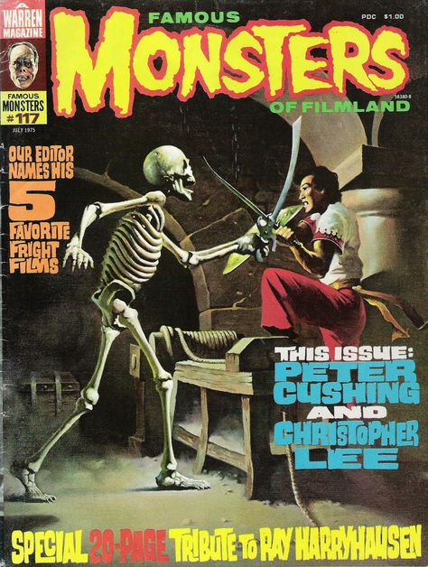 I remember that I had this issue of Famous Monsters #117 and the Cover was cool... Ray's famous sword fight from " THE 7th VOYAGE OF SINBAD " kids today have no idea just how cool these magazines really were... same with comic books. Christopher Lee, Famous Monsters, Horror Monsters, Classic Horror Movies, Classic Monsters, Horror Comics, Vintage Horror, Movie Monsters, Comic Book Covers