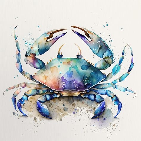 Pintura acuática de un cangrejo con un c... | Premium Photo #Freepik #photo #zodiacal #piscis #signos-zodiaco #animales-acuarela Fish In Sea Drawing, Sea Animal Paintings, Blue Crabs Art, Crab Watercolor, Watercolour Bird, Crab Painting, Crab Tattoo, Sea Drawing, Name Paintings