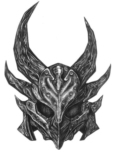 Skyrim Daedric Helmet Charcoal by darkenedhearte.deviantart.com on @deviantART Skyrim Hand Tattoo, Skyrim Tattoo Stencil, Skyrim Helmet Tattoo, Daedric Tattoos, Skyrim Daedra, Knight Helmet Tattoo, Daedric Helmet, Skyrim Tattoo Ideas, Skyrim Helmet