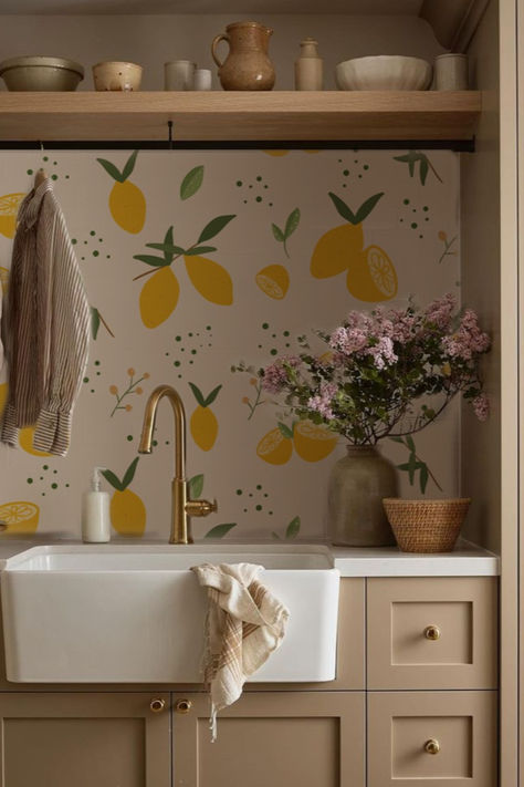 Lemon wallpaper for beige, elegant kitchen Fruit Wallpaper Kitchen, Lemon Wallpaper Laundry Room, Lemon Laundry Room, Lemon Wallpaper Kitchen, Lemon Pattern Wallpaper, Peel And Stick Wallpaper Kitchen, Wallpaper Laundry Room, Wallpaper Laundry, Homey Kitchen