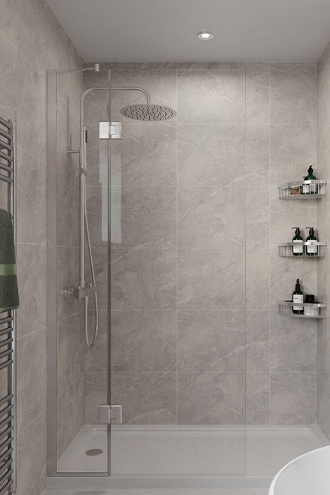 Still unsure on how to create your dream bathroom? Create your dream bathroom with our fast to install, easy-to-clean wall panel. For a limited time only, use code FREE1 at checkout to get your free samples. Grey And White Shower Room, Grey Ensuite Shower Room, Grey Marble Bathroom, Fully Tiled Bathroom, Cloakroom Suites, Board House, Bathroom Planner, Bathroom Wall Panels, Marble Showers