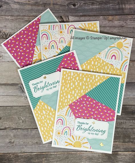 Cards Using 6x6 Paper Pads, Cut Stack Shuffle, Paper Strip Card Ideas, Stampin Up Card Sets Ideas, Stack And Cut Cards, Stack And Shuffle Cards, Stamped Cards Handmade, Cards From Scraps Ideas, Stampin Up Dsp Cards Layout