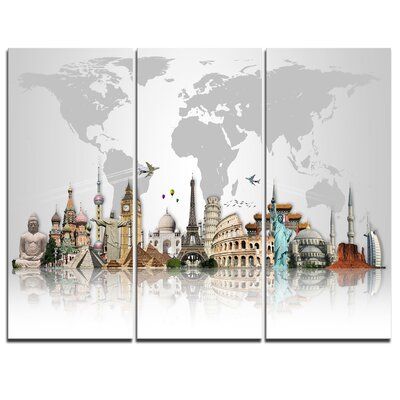 3 Panel Wall Art, World Map Decor, Famous Monuments, Large Metal Wall Art, World Map Canvas, Circle Wall Art, Map Decor, Map Canvas, Panel Wall Art