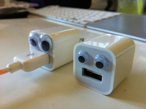 Add googly eyes to your phone charger. Googley Eyes, Google Eyes, Eye Stickers, Googly Eyes, Iphone Charger, Nerd Stuff, Memory Box, Crafty Things, Cool Items