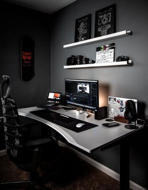 black is most loved color on earth i think, and it's great gaming room with black color🤩 Home Studio Setup, Bedroom Setup, Gaming Chairs, Computer Room, Gaming Room Setup, Cheap Things, Gamer Room, Desk Space, Game Room Design