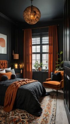 Fall Colored Bedroom Ideas, Dark Bedding Aesthetic Cozy, Black Orange Paint Color, Black And Orange Boho Bedroom, Orange Bedframe Ideas, Rust Coloured Bedroom, Dark Art Deco Bedroom, Black Bedroom Walls Inspiration, Boho Moody Bedroom