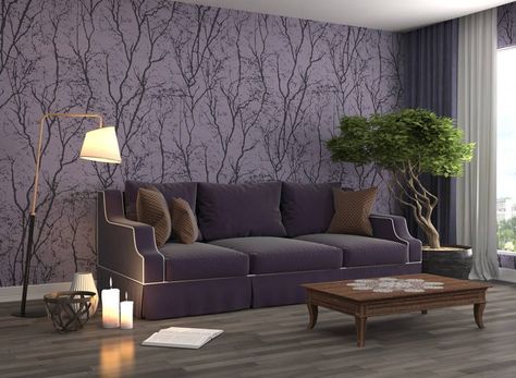 Purple Wallpaper Living Room, Lavender Living Room Ideas, Living Room Ideas Wallpaper, Grey And Purple Living Room, Purple And Grey Living Room, Decorating With Purple, Room Ideas Wallpaper, Lavender Living Room, Silver Living Room Decor