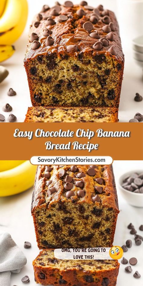 Craving a deliciously moist treat? This Easy Chocolate Chip Banana Bread Recipe combines the rich flavors of ripe bananas and sweet chocolate chips for the perfect snack! Enjoy a slice with your morning coffee or as a delightful dessert. Save this recipe for your next baking adventure! Chocolate Chip Banana Bread With Sour Cream, Banana Choc Chip Bread, Ripe Banana Recipes Easy, Banana Chocolate Chip Bread Recipe, Banana Bread Recipe Chocolate Chip, Easy Chocolate Chip Banana Bread, Banana Bread Chocolate Chip, Chocolate Chunk Banana Bread, Banana Chocolate Chip Bread