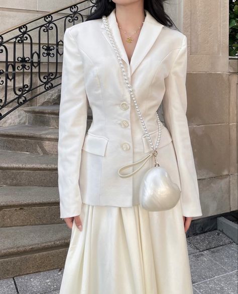 Blazer Satin Skirt, Long Skirt Outfits Elegant, Pearl Outfit Classy, Heart Bag Outfit, Blazer Dress Outfits Classy, Dress With Blazer Outfit, Pearl Blazer, Kdrama Style, Blazer Dress Outfits