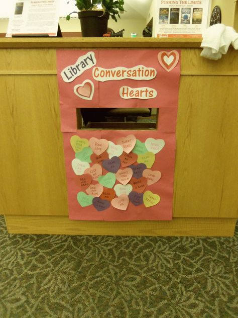 Book Drop decorated as a box of conversation hearts candy, library style of course! Library Conversation Hearts, Valentine Book Display Library, Library Drop Box Ideas, Bookdrop Decor, Library Book Drop Decoration, Valentines Day Library Displays, Library Book Return Ideas, Library Valentines Display, Book Drop Ideas Library