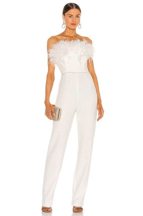 Perfect Bridal Jumpsuits and Pantsuits | Junebug Weddings Feather Jumpsuit, White Jumpsuits, Olivia Rink, Career Girl, Solid Jumpsuit, Bridal Jumpsuit, Wedding Jumpsuit, White Feather, White Feathers