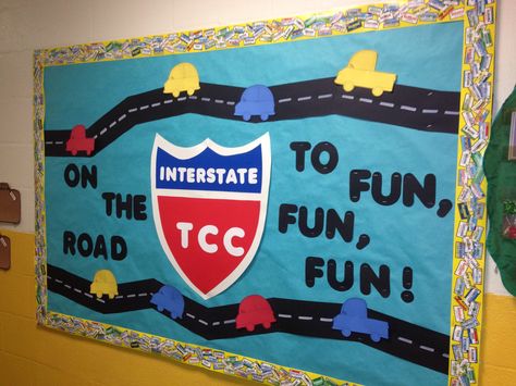 Preschool Summer Camp Road Trip Bulletin Board- On the way to fun, fun, fun Road Trip Bulletin Board, Transportation Classroom Decor, Road Trip Decorations, Transportation Bulletin Board Preschool, Road Bulletin Board, Travel Bulletin Boards, Animals Dangerous, Preschool Summer Camp, Road Trip Theme