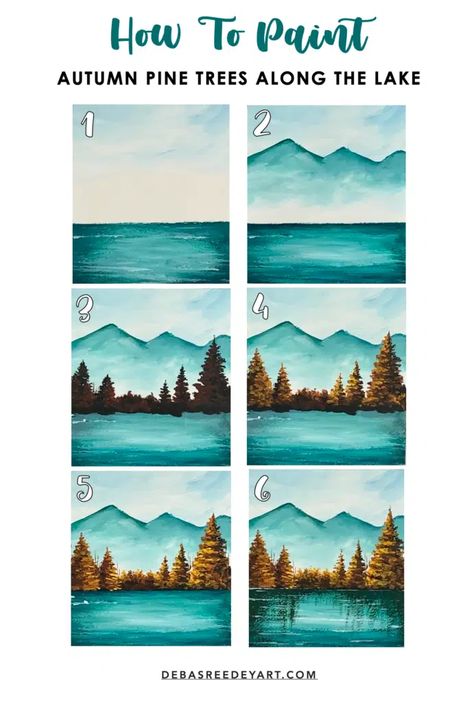 Easy Landscape Painting Tutorial, Acrylic Art Tutorials Step By Step, Easy Spring Acrylic Paintings, How To Paint Forest Trees, Acrilic Paintings For Beginners, Autumn Painting Acrylic Easy, Forest Painting Acrylic Easy, Forest Painting Easy, Beginner Acrylic Painting Ideas