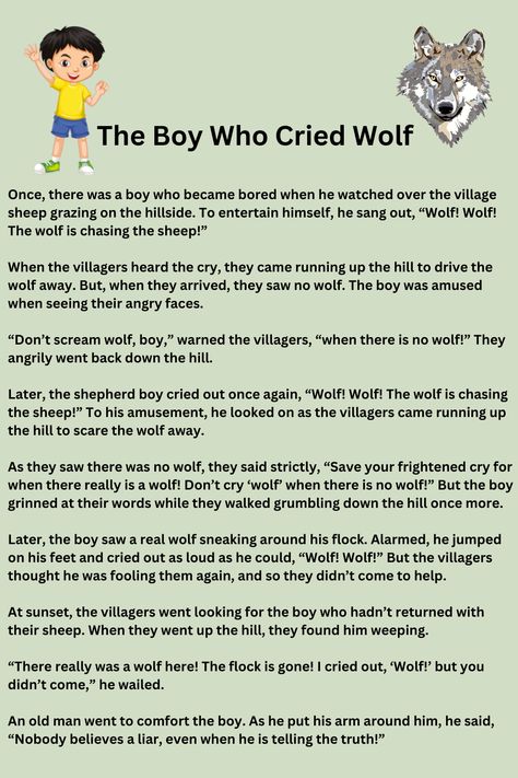 Goodnight Story, The Boy Who Cried Wolf, Small Stories For Kids, Beginning Middle End, Story Reading, English Short Stories, Moral Stories For Kids, Short Stories For Kids, Story Activities