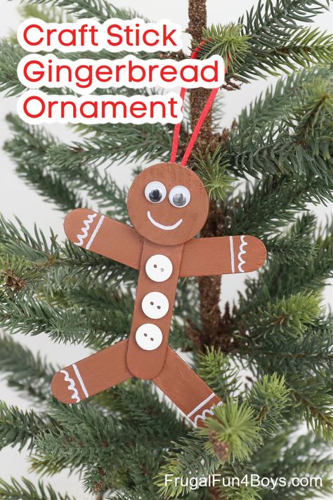 Craft Stick Gingerbread Man Ornament - Frugal Fun For Boys and Girls Easy Gingerbread Ornaments For Kids, Gingerbread House Ornaments For Kids, Holiday Ornaments For Kids To Make At School, Gingerbread Man Ornaments For Kids, Ornament Crafts Preschool, Gingerbread Crafts Kindergarten, Gingerbread Ornament Craft, Gingerbread Crafts For Preschoolers, Gingerbread People Crafts