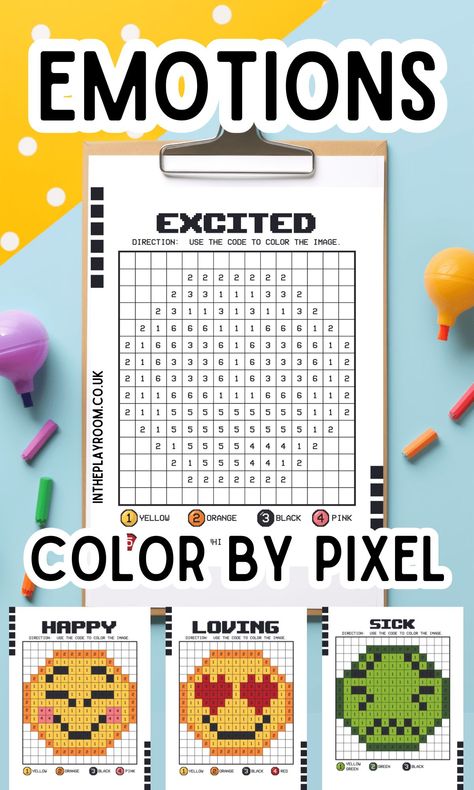 Feelings & Emotions Coloring Pages (Pixel Color by Number) - In The Playroom Pixel Coloring Pages Free Printable, Pixel Art Coloring Pages Free Printable, Emotions Coloring Pages, Pixel Color By Number, Free Printable Bingo Cards, Feelings Activities, Printable Games For Kids, Happy Emotions, Free Printable Games