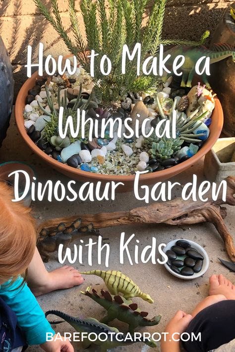 Learn how to create a whimsical dinosaur garden with kids. This project makes a great gift for dinosaur lovers and can be adapted to fit unique interests. Dinosaur Fairy Garden Ideas, Dinosaur Fairy Garden, Dinosaur Garden Ideas, Dinosaur Garden For Kids, Natural Fairy Garden, Dino Garden, Farmhouse Gardens, Dinosaur Small World, Dinosaur Garden