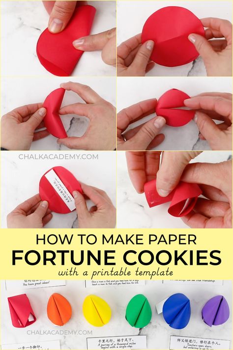 How to make paper fortune cookies with a printable template How To Make Fortune Cookies Paper, Paper Fortune Cookies How To Make, Felt Fortune Cookies Diy, Lunar New Year Display, How To Make Fortune Cookies, Fortune Cookie Craft, Easy Fortune Cookies, Fortune Cookie Paper, Fortune Cookie Art