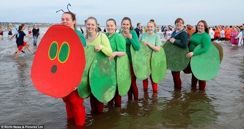 Daredevils: Charity fundraisers dressed as a giant caterpillar brave the chilly North Sea ... Hungry Caterpillar Group Costume, Easy Book Week Costumes, Giant Caterpillar, Insect Costume, The Very Hungry Caterpillar Activities, Caterpillar Costume, Hungry Caterpillar Activities, Fairy Tale Crafts, Book Character Day