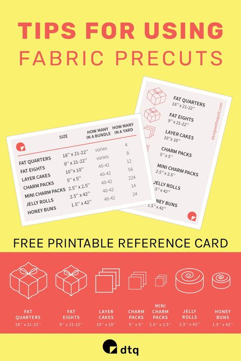 Wondering what are precuts in quilting? Learn all about precut fabric types and sizes and how to use them. For bonus, download the free precut reference card with all names and sizes explained. #dtq #quiltingtips #quiltingtools #freeprintablesforquilters Sewing Mitered Corners, Precut Fabric Squares, Beginner Quilt, Free Printable Cards, Quilting Tools, Beginner Quilt Patterns, Diy Things, Precut Quilts, All Names