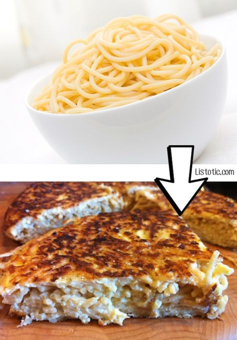 #24. Turn leftover spaghetti noodles into a pasta pie! | 24 Creative Ways To Use Leftovers Ways To Use Spaghetti Noodles, Leftover Pasta Noodles, Leftover Spagetti Recipe, What To Do With Leftover Spaghetti Noodles, What To Do With Leftover Spaghetti Pasta, Leftover Spaghetti Noodles Recipes, How To Use Leftover Spaghetti Sauce, Recipe For Leftover Spaghetti Sauce, Spaghetti Rice