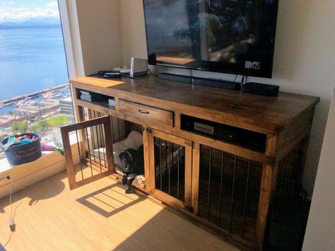 Dog Crate Entertainment Center, Crate Entertainment Center, Entertainment Shelves, Custom Dog Kennel, Double Dog Crate, Wooden Dog Bed, Diy Dog Crate, Wooden Dog Kennels, Wooden Dog Crate