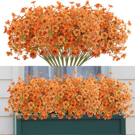 PRICES MAY VARY. DIMENSIONS--Orange artificial flowers contains 10 bundles. Each fall flowers is decorated with 5 stems with beautiful flower heads. Made of plastic.14'' length. FEEL THE BREATH OF AUTUMN--Fall is a beautiful time of year,artificial fall boxwood adds the perfect seasonal touch to your home, whether you're looking for something simple or ornate. UV RESISTANT--If you're looking for autumn decorations for home that won't wither and fall, these artificial fall eucalyptus are what you Fall Wedding Flowers Garland, Best Amazon Fake Flowers Greenery, Woodland Flower Arrangements, Fall Church Decorations, Fall Eucalyptus, Fall Window Boxes, Orange Orchid, Box Flowers, Feuille Eucalyptus