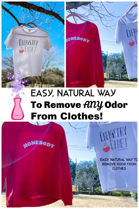 Check out this awesome chemist tip for the easiest, most natural way to remove odors from clothing or any fabric. Pet smells, urine, mold, mildew, smoke, fragrance, and any odor can be removed with this one natural tip. Get the post on Chemistry Cachet Remove Odor From Clothes, Smell Remover, Increase Height Exercise, Urine Smells, Pet Smell, Laundry Scents, Mildew Smell, Bleach Product, Easy Science