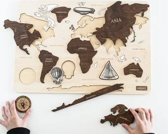 World Map Puzzle, Puzzle Logo, Wooden World Map, Wood World Map, Continents And Oceans, Map Puzzle, Montessori Educational Toys, Jigsaw Puzzles For Kids, Diy Toddler