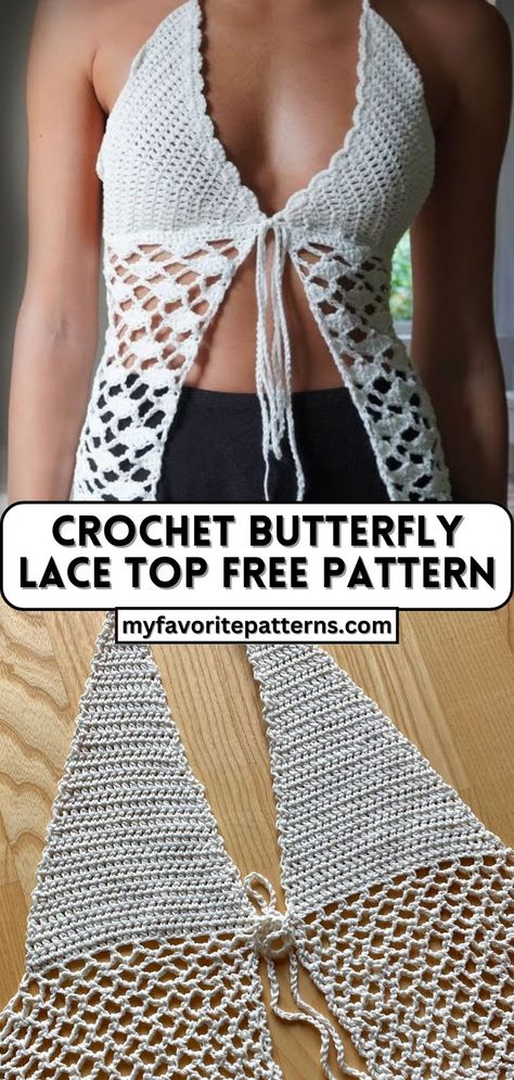 Crochet Butterfly Lace Top Tutorial Lace Top Patterns, Crochet Festival Top, Crochet Halter Top Pattern, Crochet Tube Top, Halter Top Pattern, Crochet Lingerie, Crochet Festival, Crochet With Cotton Yarn, Crochet Crop Top Pattern