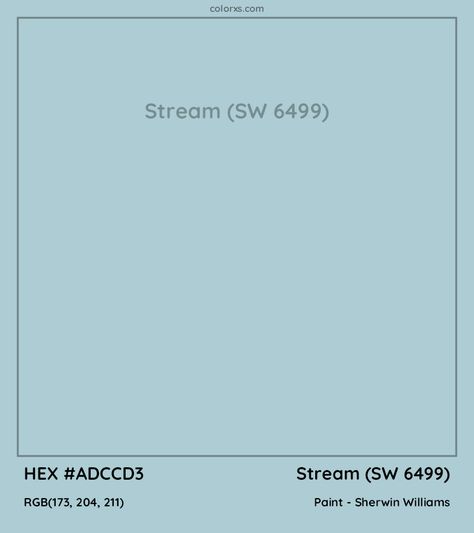 Sherwin Williams Stream (SW 6499) Paint color codes, similar paints and palettes Sherwin Williams Stream Paint, Stream Sherwin Williams, Sherwin Williams Stream, Sherman Williams Paint, Backsplash Options, Sherwin Williams Blue, Mini Mansion, Sherman Williams, Paint Backsplash