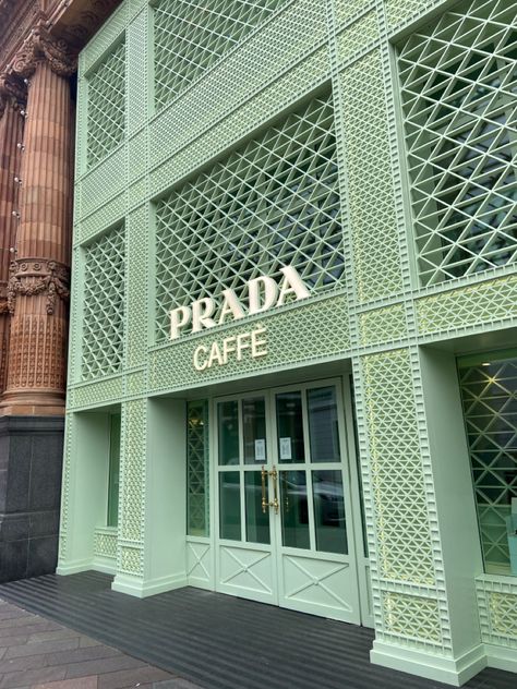 Prada Cafe, Pop Up Cafe, Green Cafe, London Cafe, Galleria Vittorio Emanuele Ii, Harrods London, London Aesthetic, Cafe Interior, Cafe Design