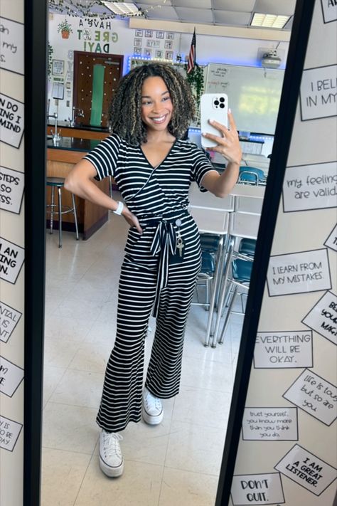 Black And White Teacher Outfit, Jumpsuit Outfit Teacher, Cute Black Teacher Outfits, Teacher Jumpsuit Outfit, Black Preschool Teacher Outfits, Teacher Outfit, Middle School Teachers, Jumpsuit Outfit, Teacher Style