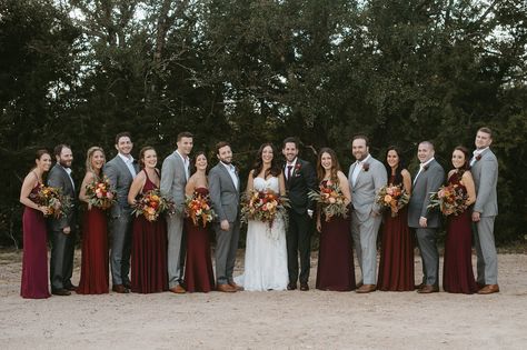 Bridesmaids in different shades of burgundy. The most beautiful fall bouquets. Groomsmen in different shades of grey with the Groom wearing the darkest shade. Grey Tux With Burgundy, Grey Groomsmen Suits With Burgundy, Grey And Burgundy Groomsmen, Burgundy And Grey Groomsmen Attire, New England Fall Wedding Colors, Groom And Groomsmen Attire Burgundy, Groomsmen Attire Burgundy, Bridesmaid Dresses With Groomsmen, Groomsmen Burgundy