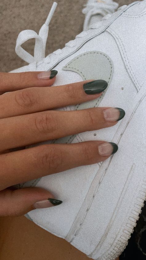 White French Tips With Green Design, Matcha Green French Tip Nails, French Nails With Green Design, Safe Green French Tips, Green French Dip Nails, French Tip Nails With One Solid Color, Back To School Nails Green, Basic Nails Green, White Nails Green Design