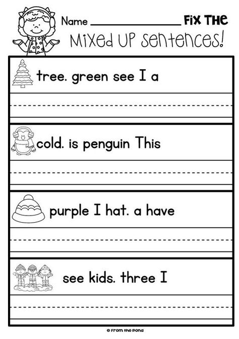 This free, printable worksheet is great for your winter and holiday-themed classes. Have your students fix the mixed up sentences with winter and Christmas vocabulary. Writing Sentences Kindergarten, Sentences Kindergarten, Writing Sentences Worksheets, Kindergarten Reading Worksheets, 1st Grade Writing, First Grade Worksheets, First Grade Writing, Christmas Worksheets, English Worksheets For Kids